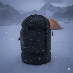 A packed base camp tent inside its compression carrying bag, illustrating the compact size and portability of the shelter for transportation.