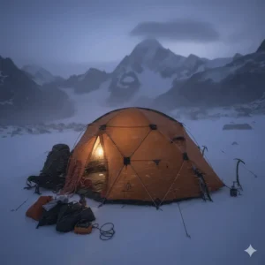 A base camp tent standing firm against a strong snowstorm, illustrating its exceptional stability and resistance to extreme wind and weather conditions.