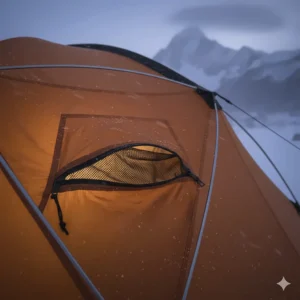 A detailed view of the zippered vents and mesh panels on a base camp tent, showcasing the advanced ventilation system to prevent condensation.