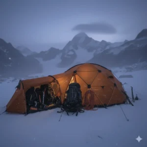 A large base camp tent with an additional annex or vestibule area, demonstrating the extra storage space for bulky equipment like backpacks and climbing gear.