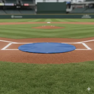 An illustration showing a small, circular tarp placed over the home plate area of a baseball diamond.