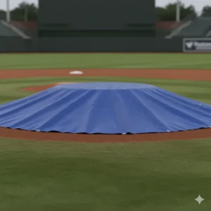 A close-up illustration of a small, custom-fit tarp covering a baseball pitcher's mound.