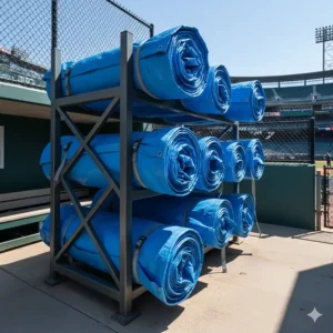 An image of several rolled-up baseball field tarps stored neatly on a sturdy, custom-built rack near the dugout.