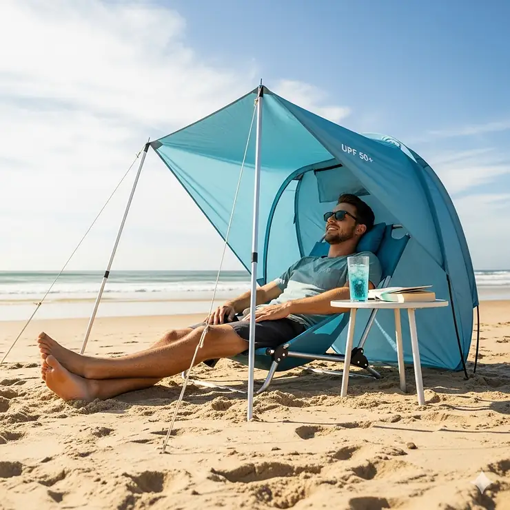 A man relaxes under a portable beach chair tent, offering shade and comfort on a sunny day.