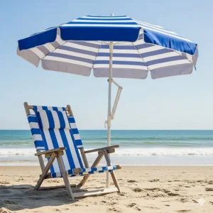 A striped beach chair featuring a large, adjustable umbrella for extra sun protection.