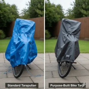 A visual comparison of a standard tarpaulin versus a purpose-built bike tarp, highlighting the difference in fit and security.