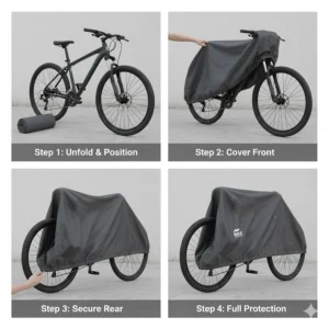 A sequential illustration showing the simple steps to properly install a bike tarp over a mountain bike.