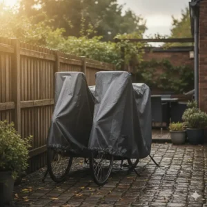 A durable waterproof bike tarp covering two bicycles parked outdoors, protecting them from rain and sun.