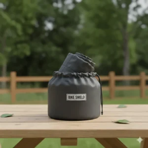 A compact, folded bike tarp stored in a small carrying bag, ready for travel or easy storage.