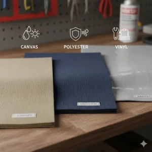 An illustration comparing different materials used for boat tarps, such as polyester, canvas, and vinyl.
