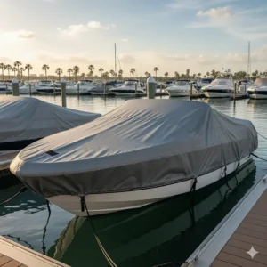 A custom-fit boat tarp securely covering a speed boat at a marina, protecting it from sun and rain.