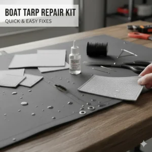 A small kit containing patches, adhesive, and thread for making quick and easy repairs to a damaged boat tarp.