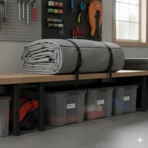 A neatly folded boat tarp stored in a garage, demonstrating a compact and organized storage solution for boat owners.