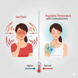 An infographic illustrating the difference in body temperature, showing a person's heat radiating during a hot flash on one side and a person's regulated temperature after using a cooling bracelet for hot flashes on the other.