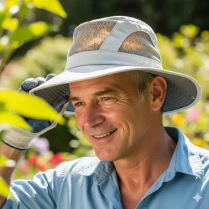 A man wearing a gardening hat with mesh vents, emphasizing the hat's breathable design to prevent overheating.