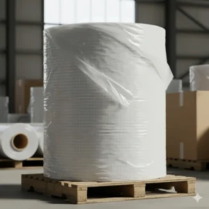 Large, bulk roll of commercial-grade plastic **greenhouse tarp** ready to be cut for a large-scale hoop house project.