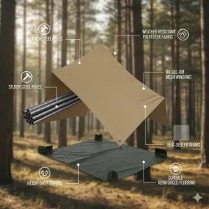 An infographic explains the durable, high-quality materials used in a cabin tent, such as thick polyester fabric and sturdy steel poles.