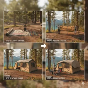 A step-by-step diagram demonstrates the simple and quick setup process for a large cabin tent, emphasizing its user-friendly design.