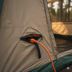 A close-up shot of a zippered electrical port on a cabin tent allows for easy access to power cords from outside.