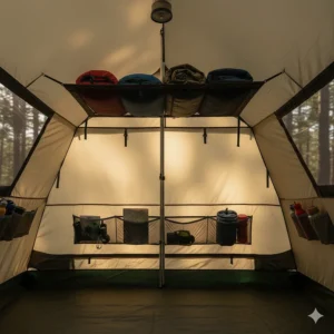 The interior of a cabin tent features convenient mesh pockets and gear lofts, highlighting its thoughtful storage solutions.