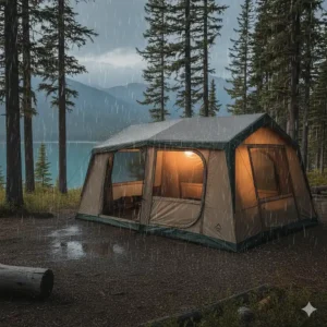 A durable cabin tent stands strong against a rainy backdrop, illustrating its waterproof and weather-resistant features for all-season use.