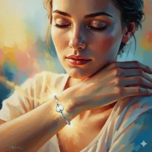 An artistic representation of a woman looking peaceful and relaxed, with a soft glow around her cooling bracelet, symbolizing the comfort and relief it brings from the discomfort of hot flashes.