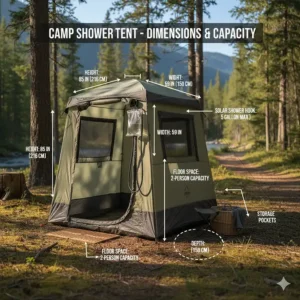 A diagram illustrating the dimensions and size specifications of a standard two-person camp shower tent.