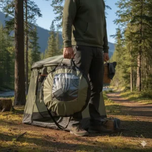 An illustration of a folded-down camp shower tent, demonstrating its compact size for easy transport and storage.