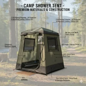 An illustration detailing the durable, waterproof materials used in the construction of a high-quality camp shower tent.