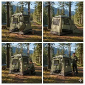 A step-by-step illustration of how to quickly set up a portable pop-up camp shower tent.