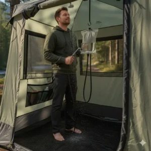 An illustration showing a person using a camp shower tent with a portable solar shower bag attached.