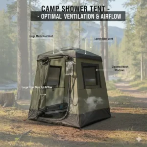 An illustration of the zippered windows and roof vent on a camp shower tent, showing how they provide excellent ventilation and airflow.