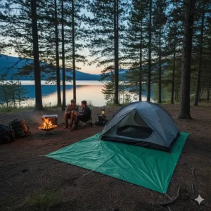 A lightweight fire resistant tarp used as a ground cover under a tent at a campsite.