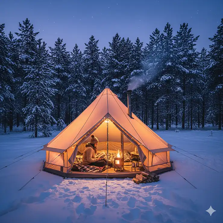 A cozy winter camping scene with a person sitting inside a spacious, brightly lit hot tent.