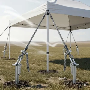 Detailed illustration of the robust ground stakes and ropes used to secure a heavy duty pop up canopy against strong winds.