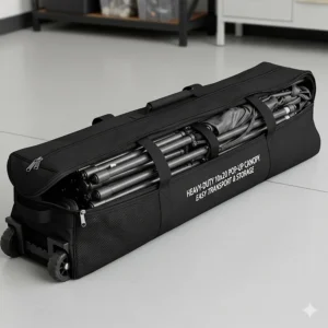 A view of the heavy-duty 10x20 pop up canopy disassembled and stored in its roller bag, emphasizing its portability and compact design for easy transport and storage.