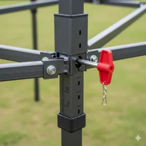 A close-up of the adjustable legs on the heavy-duty 10x20 canopy, showing the different height settings and the easy-to-use pull pin or thumb latch for quick adjustments.