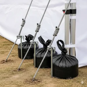 Image of the included ropes, stakes, and sandbags used to secure a heavy-duty 10x20 pop up canopy, ensuring stability in windy conditions.