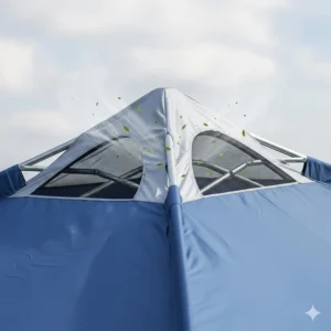 A close-up shot of a heavy duty pop up canopy's roof vent, showing how it improves airflow and reduces wind resistance.