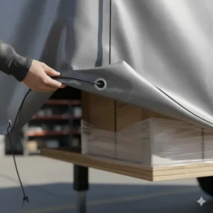 A partially lifted corner of a tarp revealing a glimpse of the cargo beneath, emphasizing the protective function of the trailer tarp.