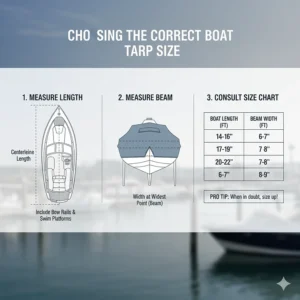 A chart or graphic illustrating how to measure a boat correctly to select the appropriate size boat tarp for a secure and protective cover.