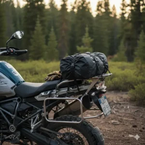 A small, compressible tent is strapped to the back of a motorcycle, showing how a compact tent is perfect for saving space while motorcycle camping.