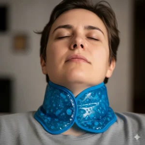A featured image showing a person with a tired look on their face, enjoying the soothing relief of a blue, gel-based cool pack wrapped around their neck. The image highlights how the cool pack provides comfort and reduces stress, making it an essential item for relaxation and pain relief.