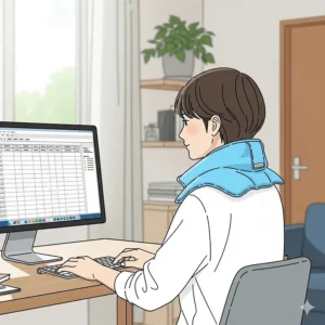 A clean illustration of a person working at their home office desk, with a soft, wearable cool pack around their neck to alleviate tension and discomfort from long hours of computer use.