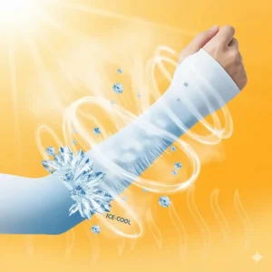 An illustration showing a cooling sensation on an arm wearing a sleeve, representing the breathable and ice-cool technology of some solar protection sleeves.