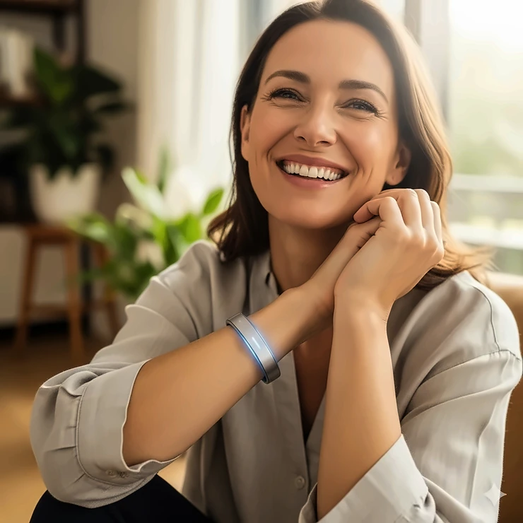 A woman smiling comfortably while wearing a sleek cooling bracelet on her wrist to find relief from hot flashes.