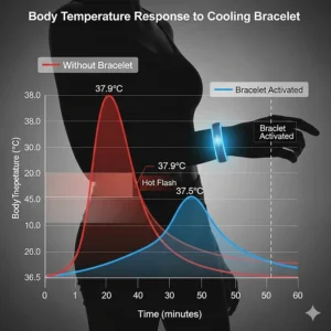 A line graph demonstrating the rapid and sustained cooling effect provided by the bracelet on a person's body temperature, offering quick relief from hot flashes.