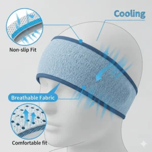 A diagram illustrating the comfortable, non-slip fit and breathable fabric of the cooling headband, ensuring it stays in place during any activity.