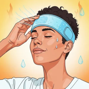 An illustration showing a person getting instant relief from the heat by applying a cooling headband to their forehead.
