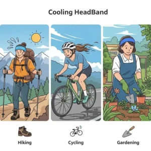 An illustration showing various uses for the cooling headband, including hiking, cycling, and gardening, highlighting its versatility.